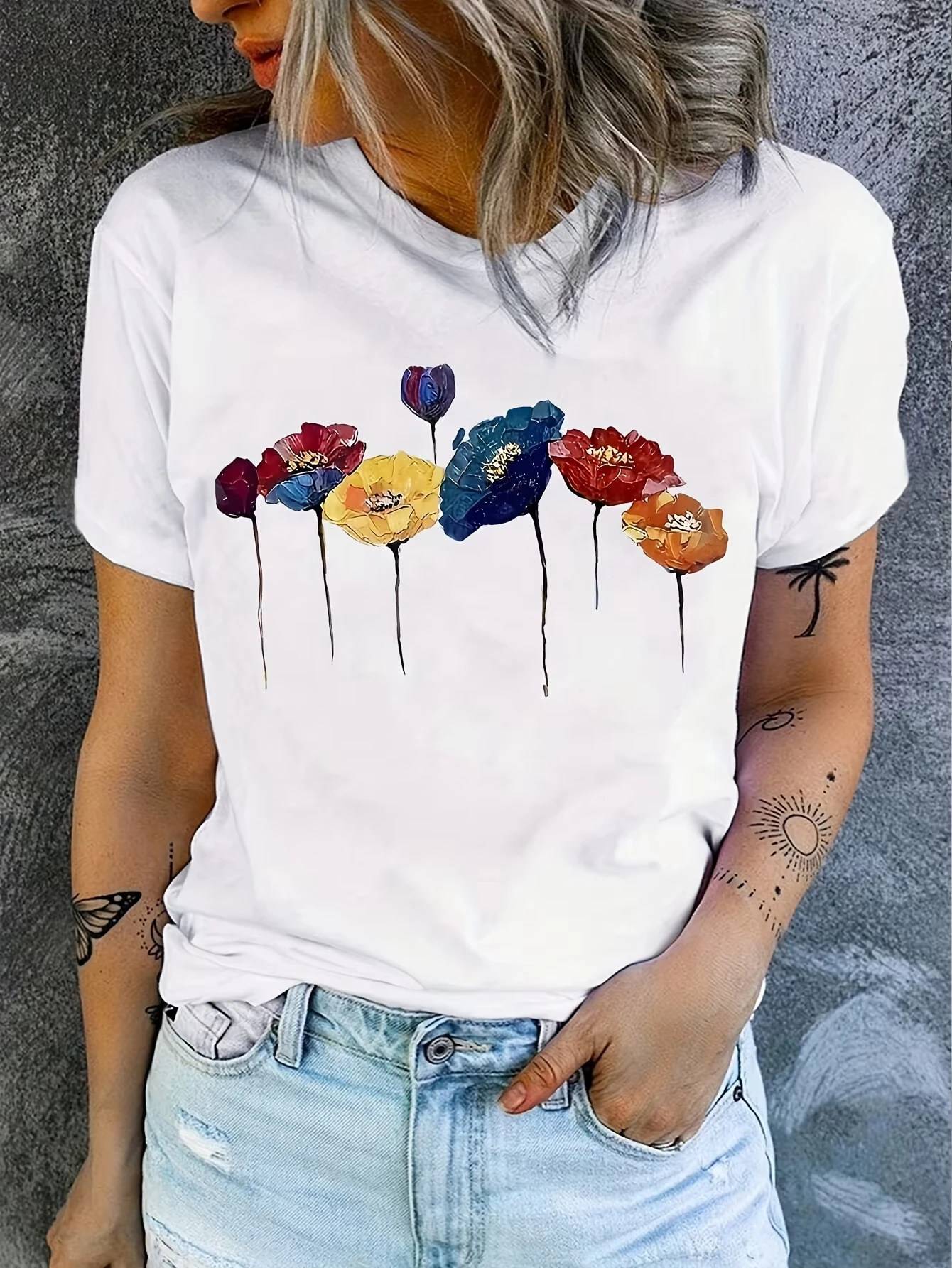 Women Watercolor Floral Colorful Poppy Artistic Print T‑Shirt Short Sleeve Casual Daily Fashion Unisex Streetwear Tops Tees