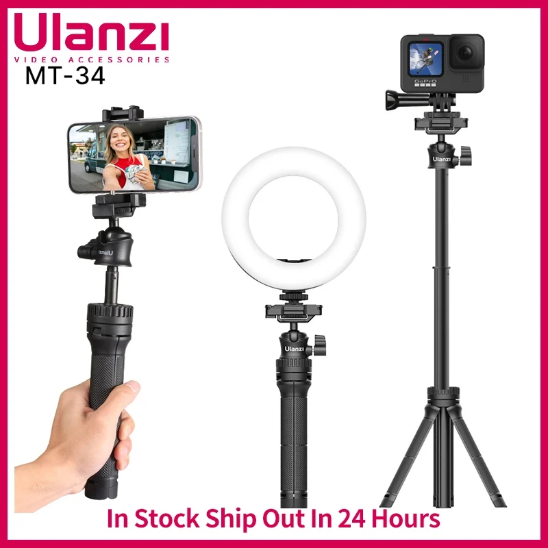 Ulanzi MT-34 Extendable Tripod for Phone Camera GoPro 3 in 1 Design Tripod Selfie Stick with Phone Holder 360° Ballhead Mount