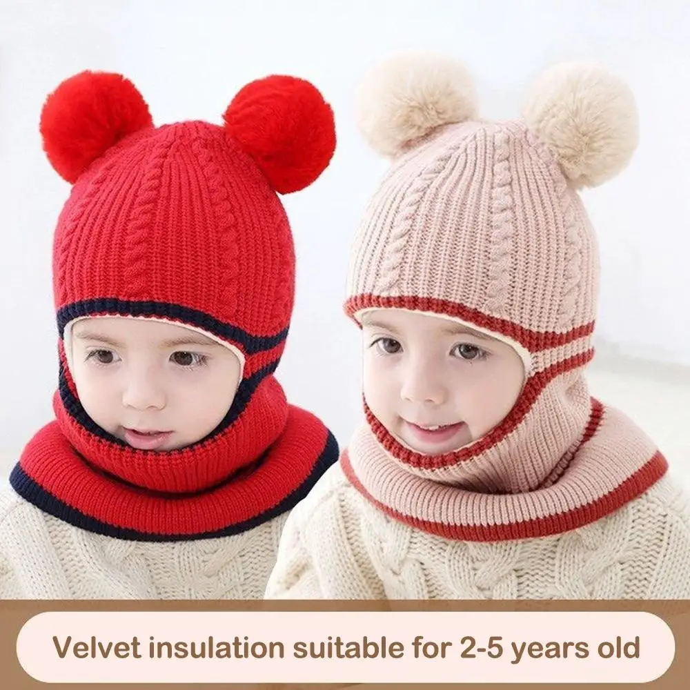 Cappello pullover lavorato a maglia caldo per bambini con pompon Paraorecchie termici per ragazze dei ragazzi Berretto carino Cappuccio per bambini unisex Accessori invernali
