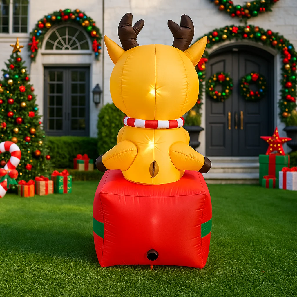 6フィートのクリスマスデコレーション、プレゼントボックスに立つ膨らませるおもちゃのトナカイ、キュートな動物の家の庭のクリスマスLEDライトデコレーション、クリスマスおもちゃ