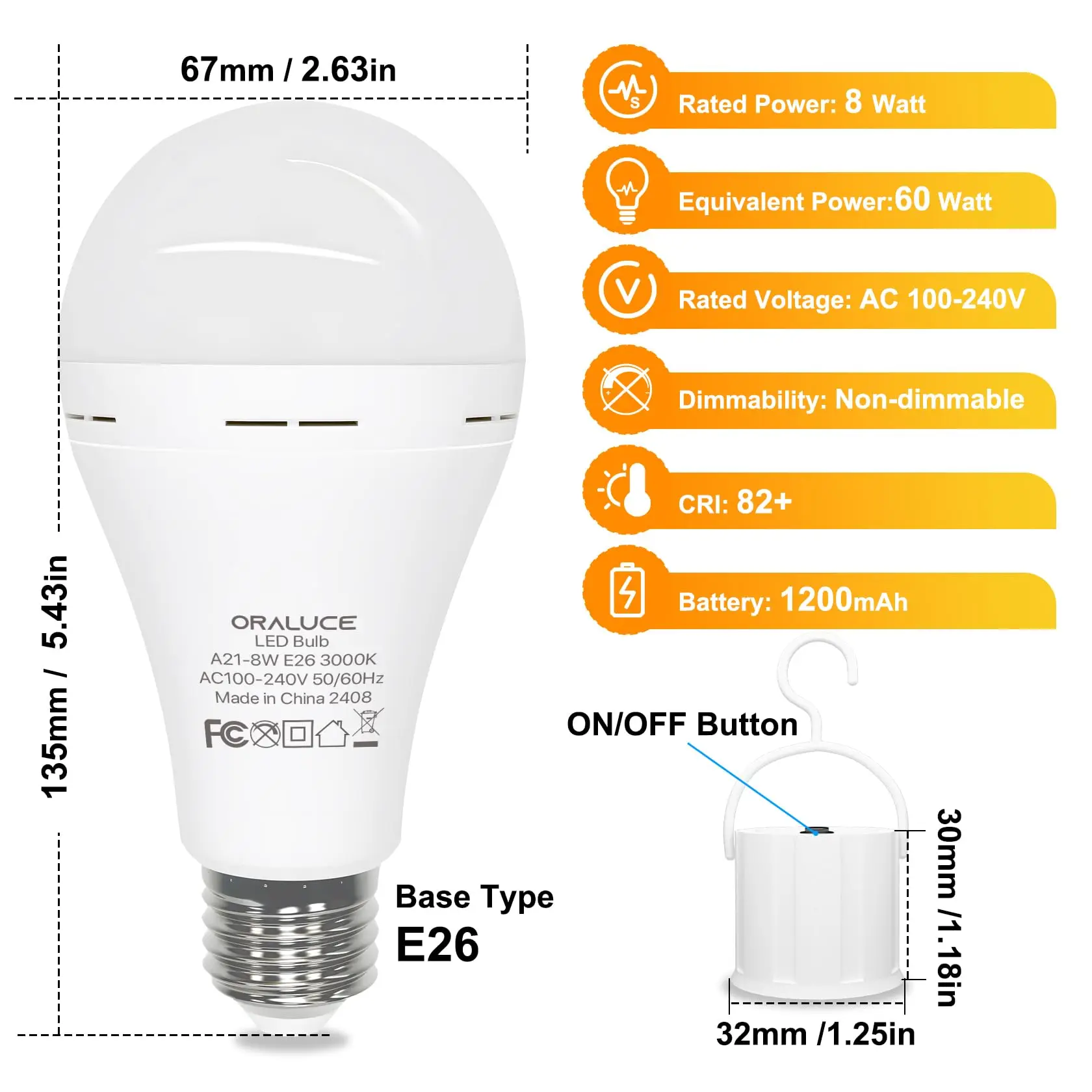 4 Pack E26 Rechargeable Emergency Light Bulb 60 Watt Warm White 3000K Battery Powered Light Bulb LED Battery Operated Light Bulb