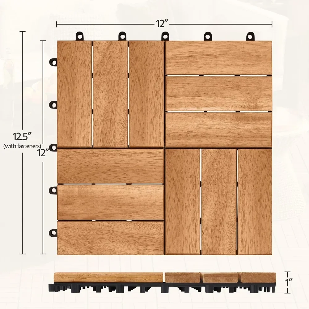 Revêtement de sol imperméable en acacia, 108 pièces de bois de feuillus imbriqués, pour une utilisation en extérieur, 12 en effet x 12 pouces