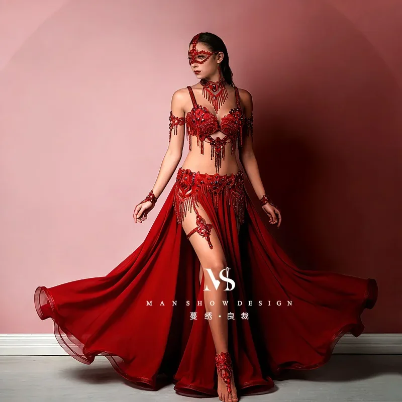 Customized Belly Dance Performance Costume Female Sexy Wine Red Rhinestone Tassel Waist Seal Large Swing Skirt Accessory Set