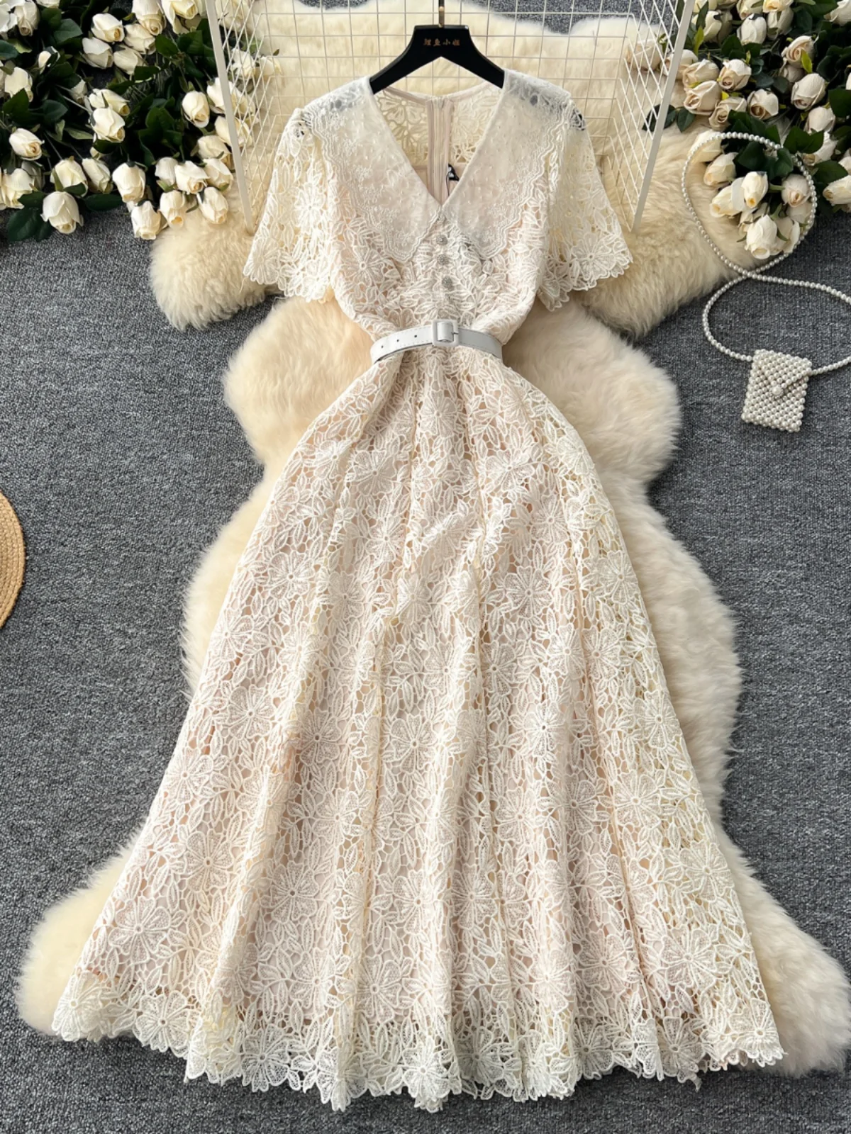   Sle Kant Lange Dr ort Sve Zoete Pop Kraag Afslankende Taille Hoge Taille A-lijn Rok Koreaanse Versie Woon-werkverkeer