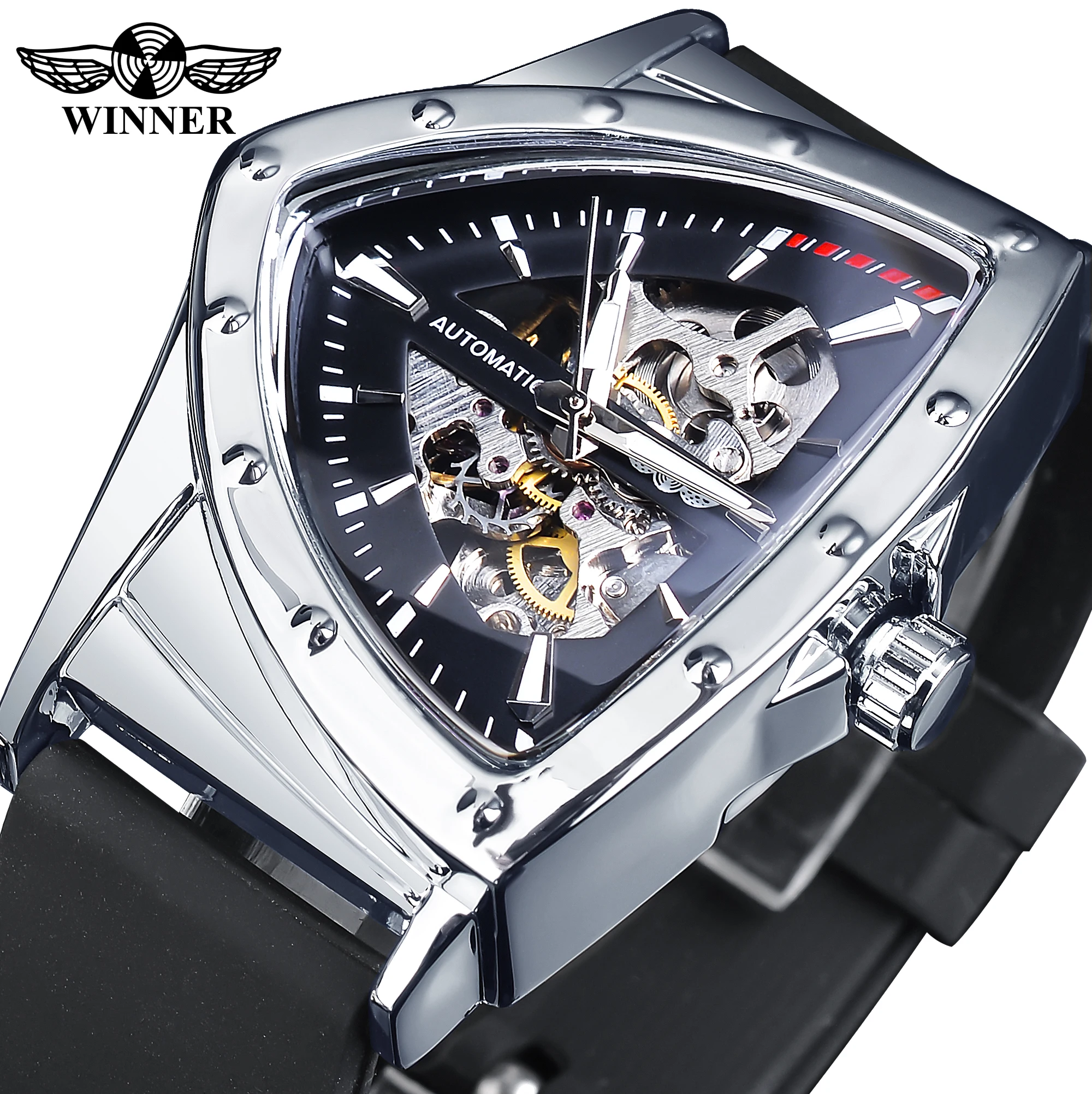 WINNER Sport Style Men\'s Watches Transparent Mechanical Watch Triangle Automatic Military Wristwatch With Luminous Pointers