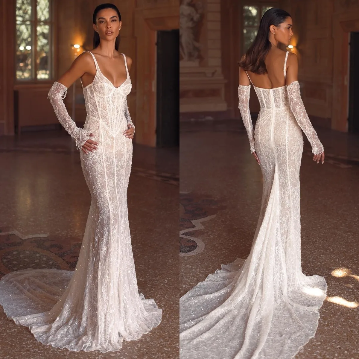 

Newest Mermaid Dresses Straps Backless Wedding Dress Sweep Train Sequins Lace Bridal Gowns