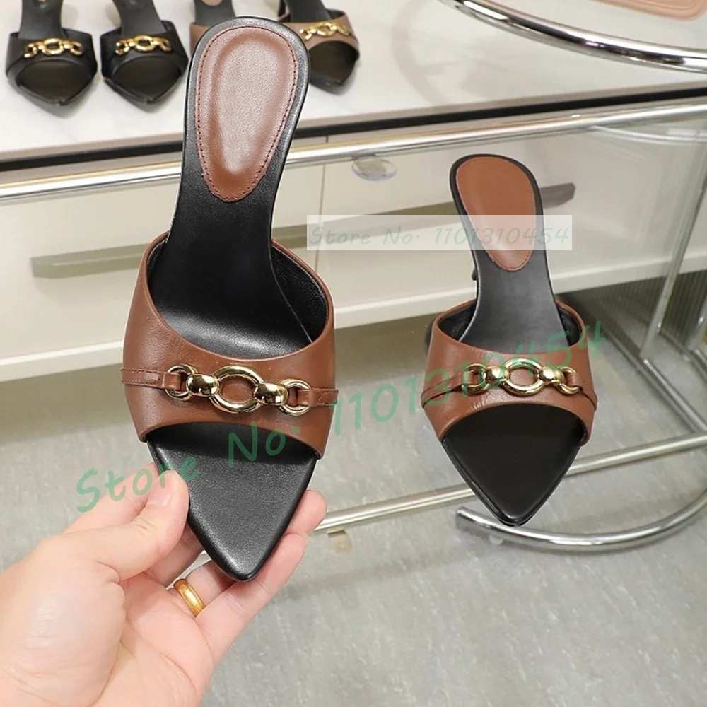 Gold Real Leather Mid Heel Slippers Women Metal Ring Detail Open Pointy Toe Shoes Summer Luxury Sheepskin All-match Sexy Mules