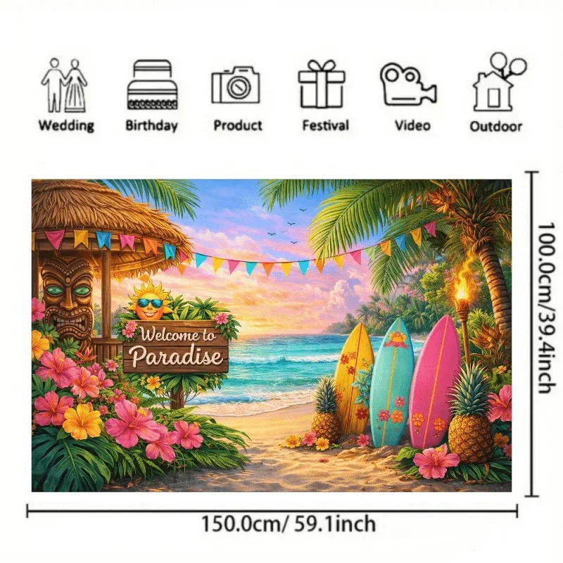 Hawaiianische Luau-Party-Kulisse, Tropischer Strandparadies-Hintergrund mit Tiki-Hütte, Surfbrettern & Ananas für Sommerpartys – Detail 2