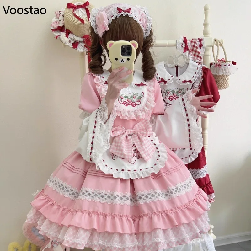 Japońska słodka Lolita fartuch pokojówka sukienka kobiety Kawaii truskawkowy haft królika Cosplay sukienki księżniczki na przyjęcie sukienka Vintage