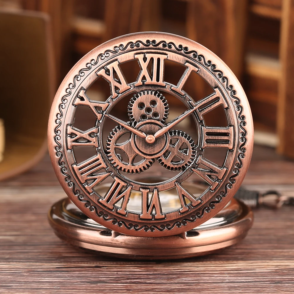 Red Copper Transparent Hollow Roman Numerals Manual Mechanical Pocket Watch Men with Pocket Chain Pendant Pocket Clock Male Gift