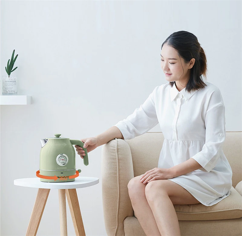 QS-1701 Retro กาต้มน้ำไฟฟ้านำเข้าควบคุมอุณหภูมิ1.7l ขนาดใหญ่ความจุนาฬิกาไฟฟ้ากาต้มน้ำ Retro สีขาว/Olive Green
