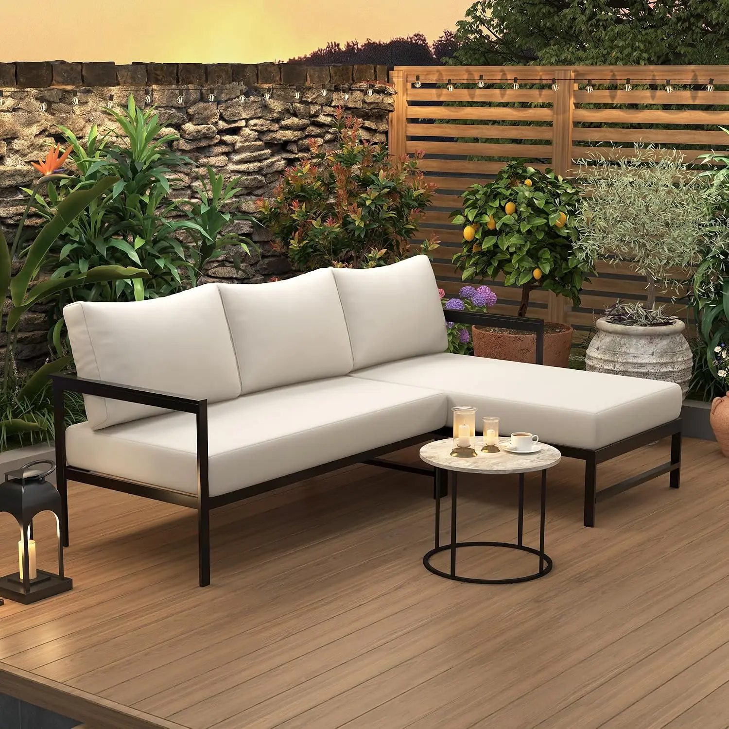 Outdoor L Shaped Sectional Sofa Ultra Thick Cushions All Weather Patio Conversation Set Iron Frame Balcony Garden Beige