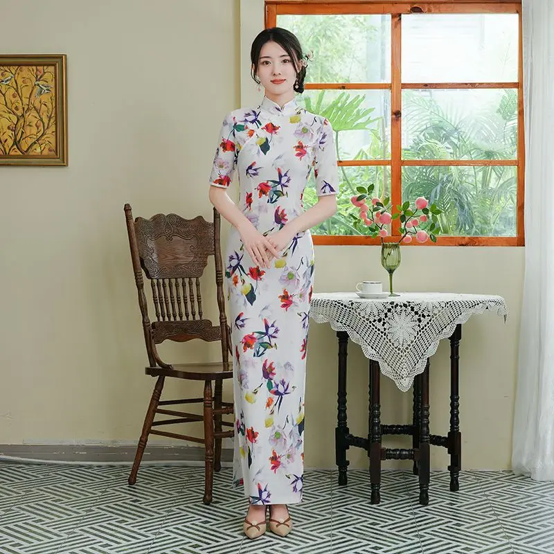 

Women Plus Size Chinese Style Cheongsam Fashion-look Handmade Button Floral Dress Vintage Improved Dresses Qipao M To 5XL