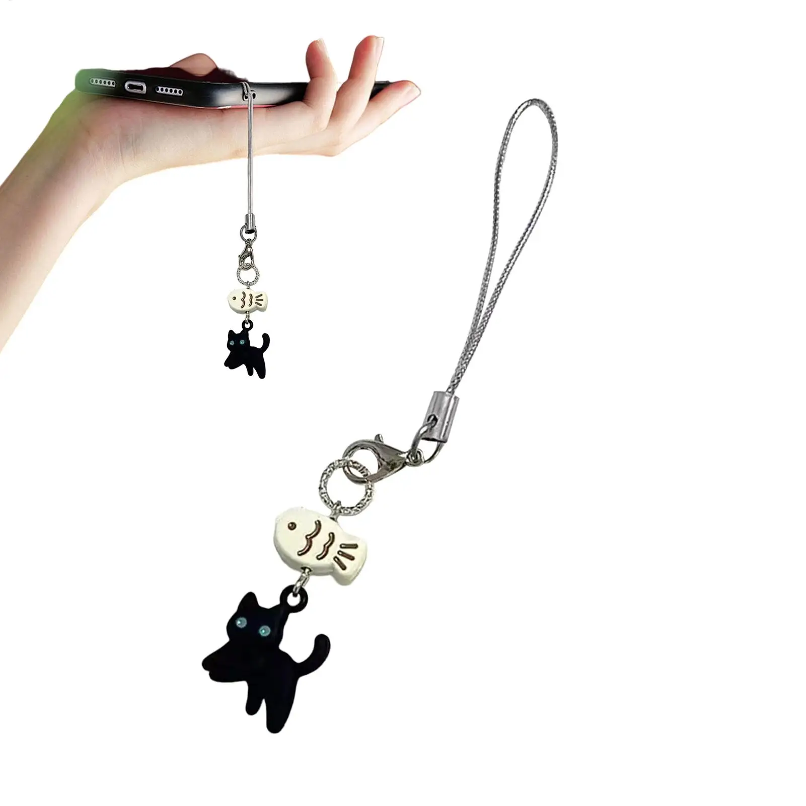 Schwarze Katze Kawaii Handy-Anhänger Niedlicher Anime Schlüsselanhänger Zubehör für iPhoneCCDCamera AirpodsKopfhörer Schultasche