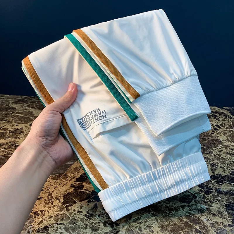 

Брюки из ледяного шелка 2025 года, мужские летние тонкие модные дышащие быстросохнущие спортивные эластичные повседневные брюки с принтом