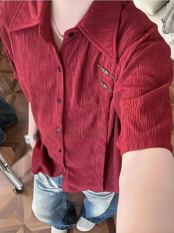 Lightweight Breathable Ice Silk Short Sleeve Shirt Red Wine Color Texture Men's Summer Quick Dry New Chinese Style Top