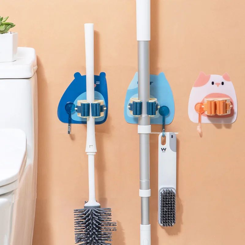 

Wall Mounted Hooks Mop Organizer Holder Adhesive Cute Cat Multi-Purpose Room Hanger Strong Hooks Kitchen Bathroom Broom Clip