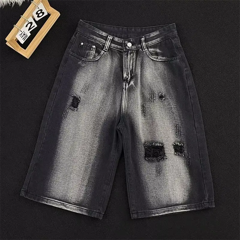 

Summer Large Size Men's Grey Washed Denim Shorts Straight Leg Loose Fit Seven Inch Hip Hop Casual Teenager Fashion Jeans