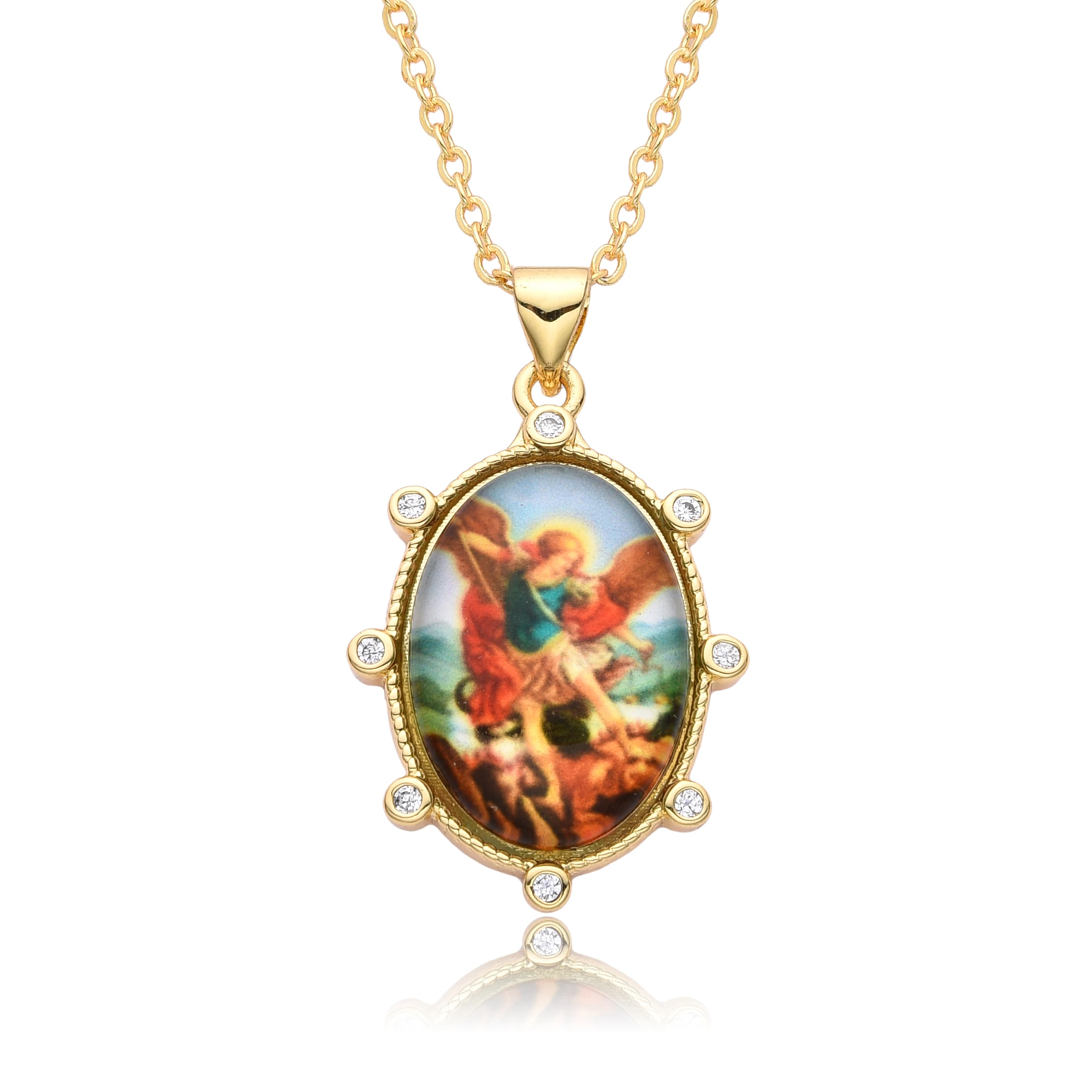 Gold Plated Oval Archangel Saint Michael Hollow Pendant San Miguel Arcangel Necklace for Women Men Catholic Jewelry Charms Gifts