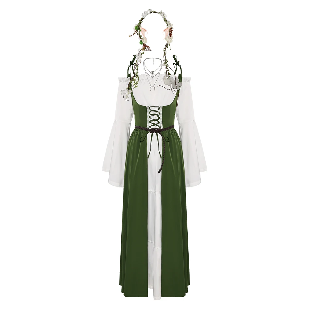 Robe de Cosplay Médiévale Rétro Renaissance avec Collier et Oreilles, Costume pour Femme Adulte, Tenues d'Halloween et de Carnaval