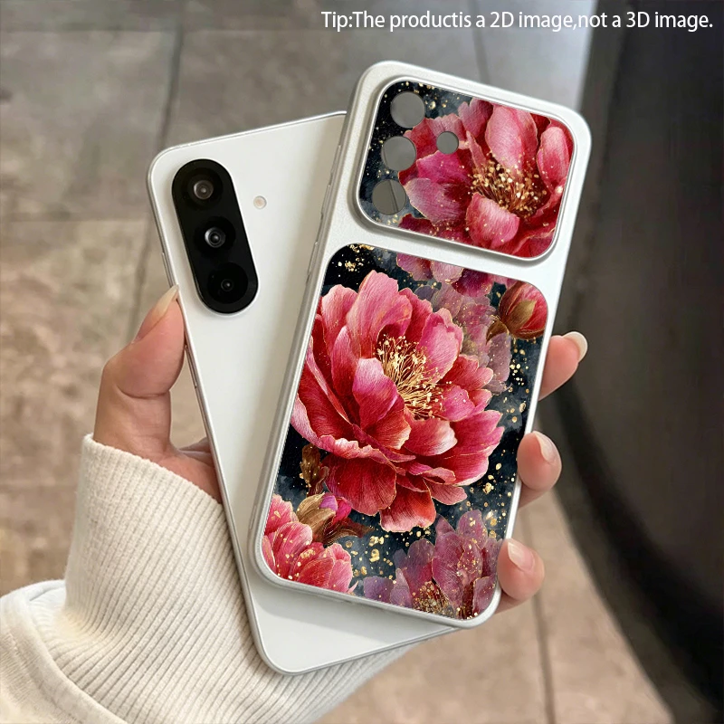 Moyun Peony Pattern 2D Artificial Leather Phone Case for Samsung S26 S25 S24 S23 S22 S21 A73 A56 A55 A36 A16 Shockproof Design