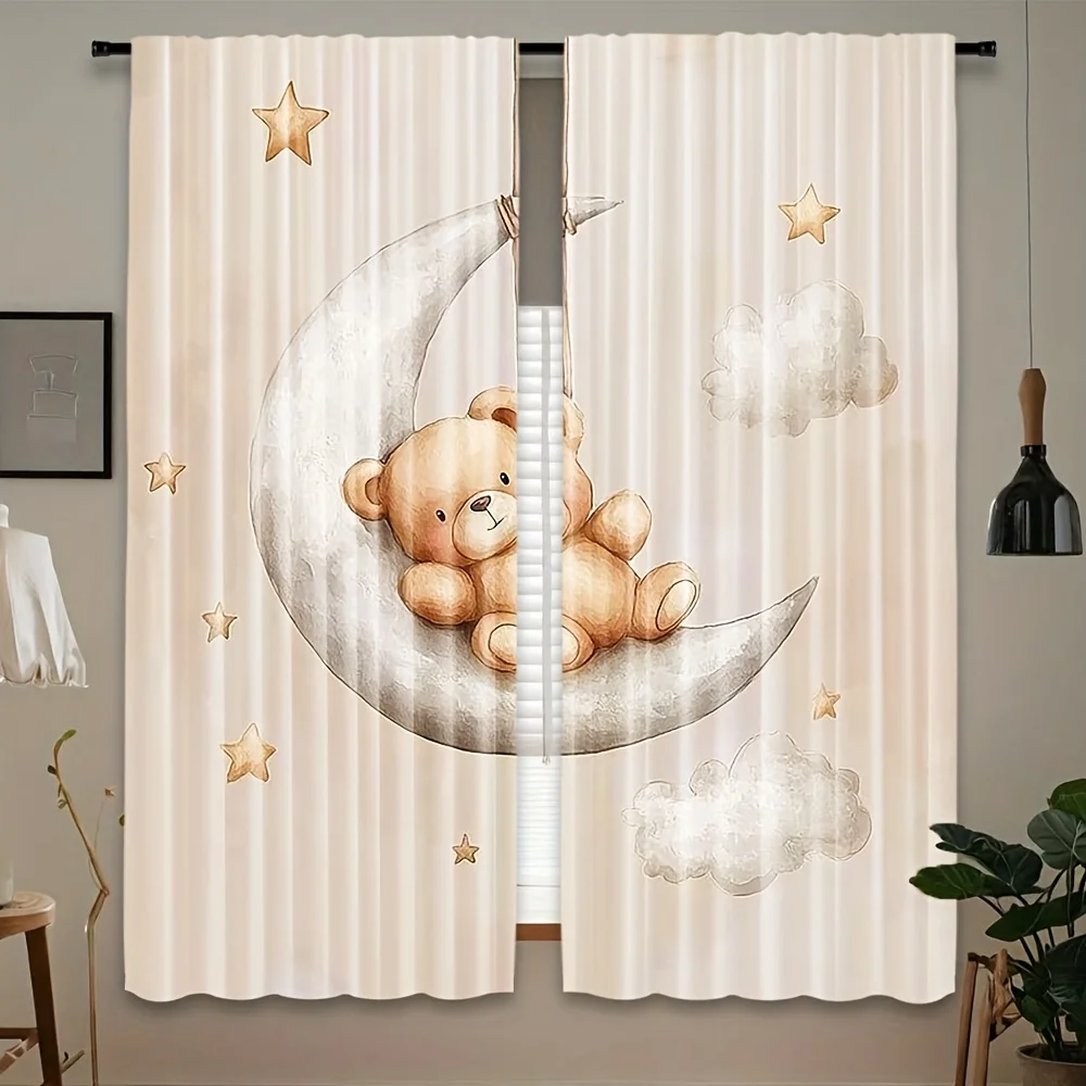 2PCS Rod Pocket Curtains, Beige, Moon & Teddy Bear Pattern, Cute Cartoon Style, for Bedroom & Living Room