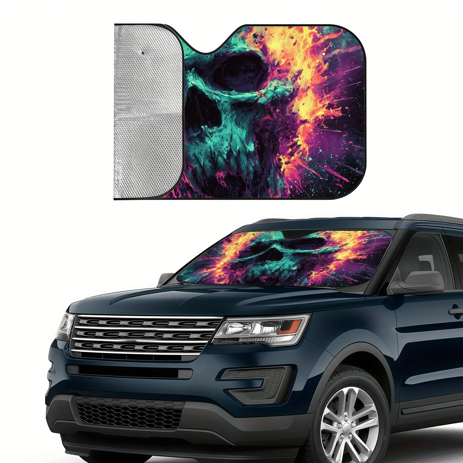 The Flame Skeleton Digital Art Car Windshield Comes With A Fixed Suction Cup That Effectively Blocks Sunlight, Keeping The Inter