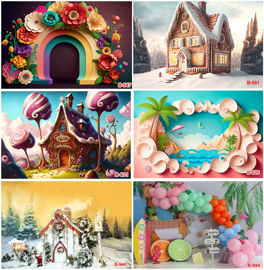 

Colorful Flowers Balloons Backgrounds Candy Shop Lollipop Snowy House For Girls Birthday Party Baby Portrait Backdrops Photocall