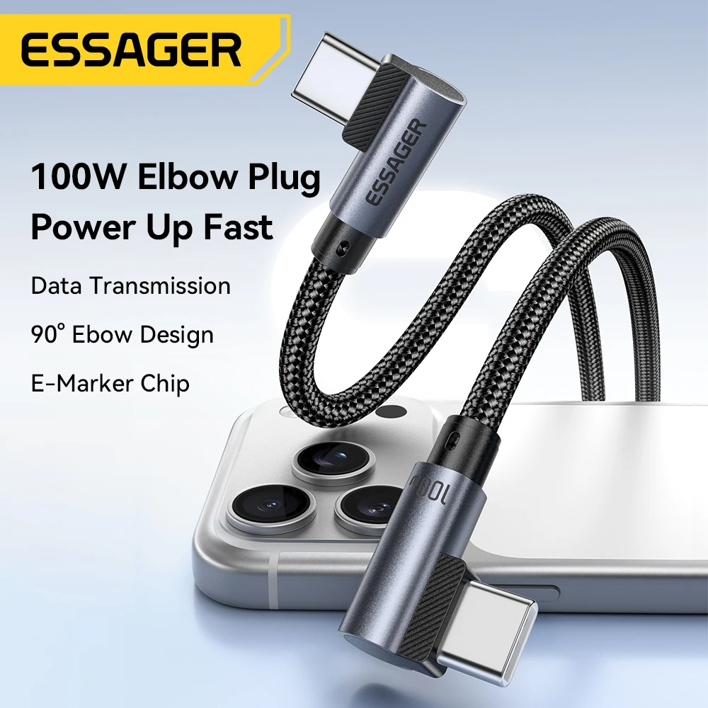 Essager 100W Type C To Type C Cable Dual 90 Degree Elbow PD Fast Charging For MacBook Pro iPhone 17 16 Samsung Huawei USB C Wire