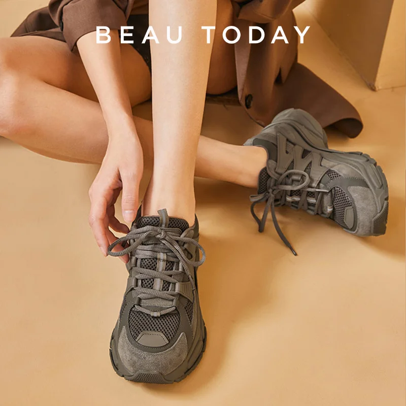 BeauToday Platform Sneakers Women Mesh Solid Color Breathable Trainers Lace-up Round Toe Thick Sole Ladies Shoes Handmade 29462