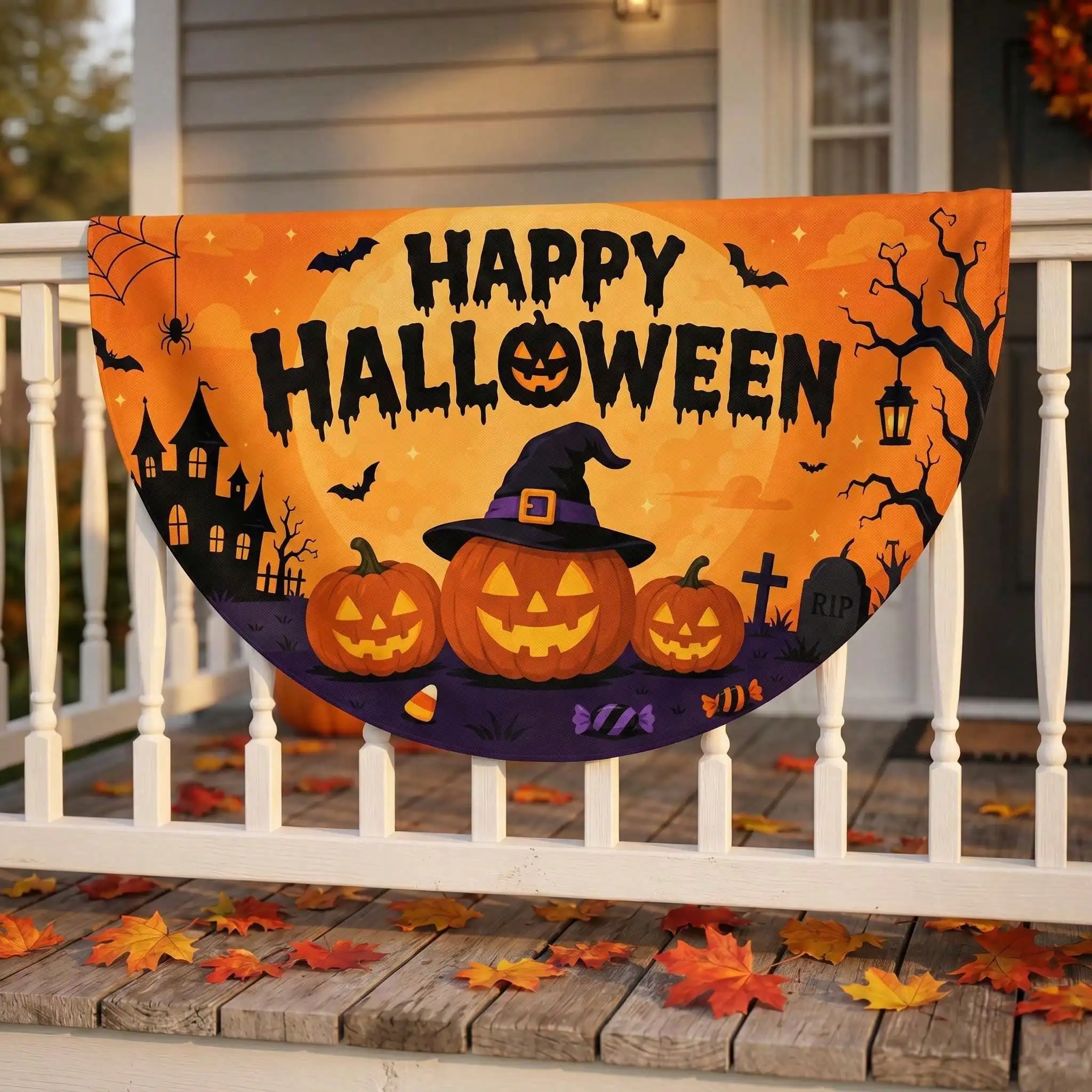 1Pc Halloween Fan Flag Banner Double Sided Pleated Half-Round Fan Porch Flags Indoor Festival Party Half Circle Porch Fence Decor,