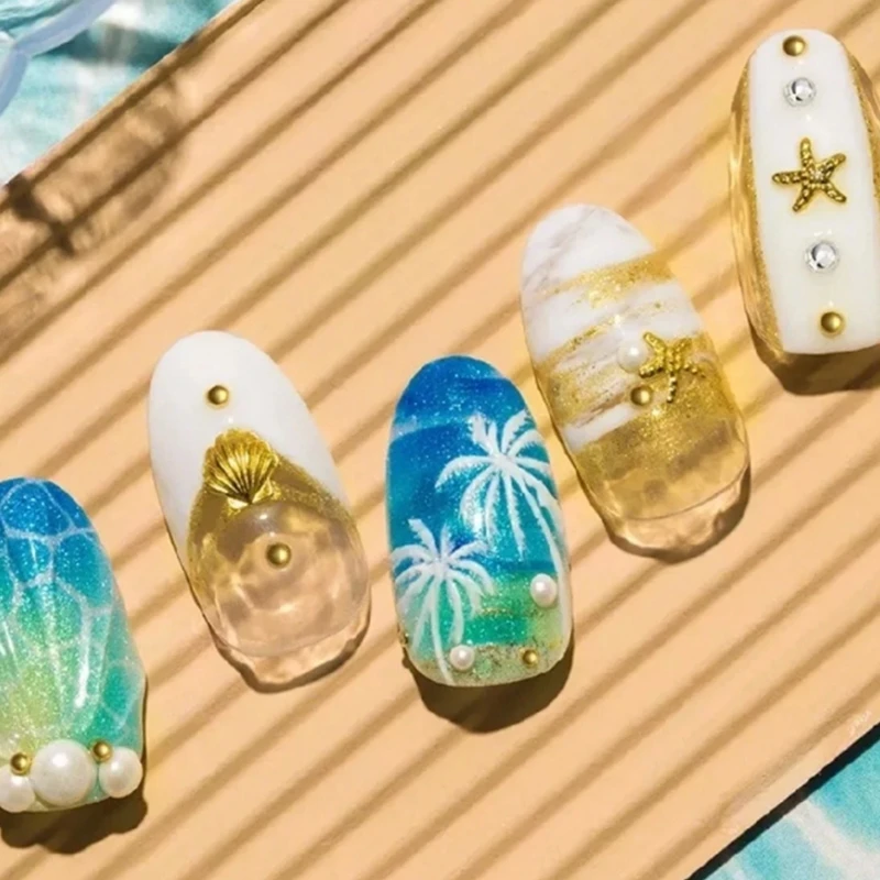 1 Box Ocean Theme Metal Stud Sea Starfish Shell Turtle Slice Flakes 3D Nail Art Decor DIY Manicure Tools Gold/Silver