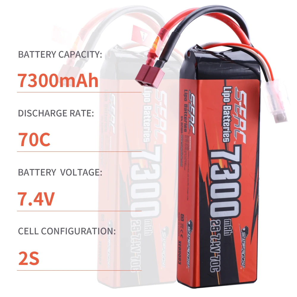 SUNPADOW 2S 7.4V Lipo Battery 7300mAh 70C Soft Pack with Deans T Plug for RC Vehicle Car Truck Tank Buggy Truggy Racing Hobby