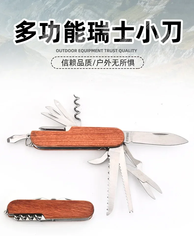 Neues 11-in-1-Multitool mit Holzgriff, tragbares, faltbares Militär-Messer, EDC-Überlebenswerkzeug, Camping- und Notfallwerkzeug – Detail 1