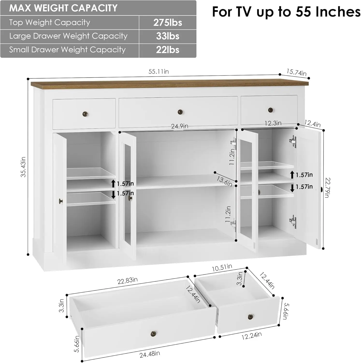 Aparador de Buffet con almacenamiento, armario de almacenamiento de Buffet de cocina grande de 55"