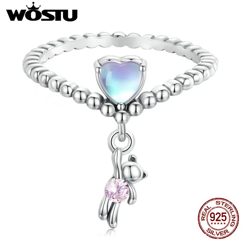 WOSTU 925 Sterling Silver Little Bear Balloon Open Link Rings for Women Multi Color Crystal Lovely Charm Ring Girl Birthday Gift