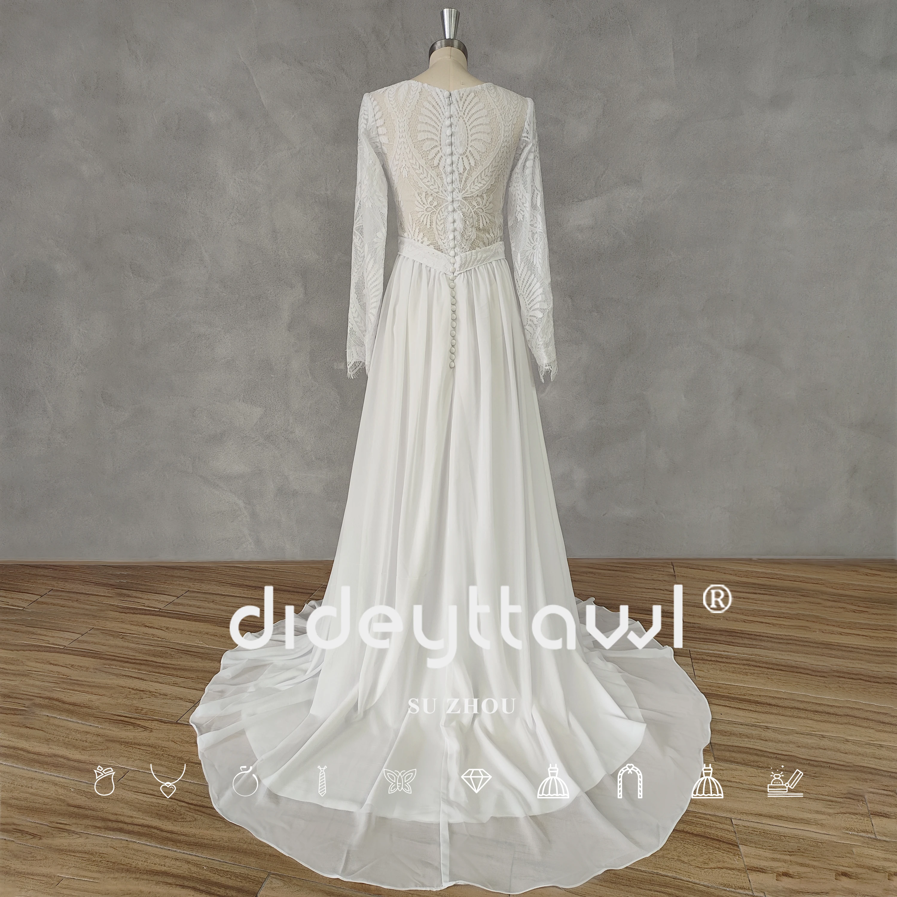 DIDEYTTAWL Real Picture Boho O-Neck Long Puff Sleeves Lace Top Wedding Dress Illusion Back Chiffon Court Train Bridal Gown