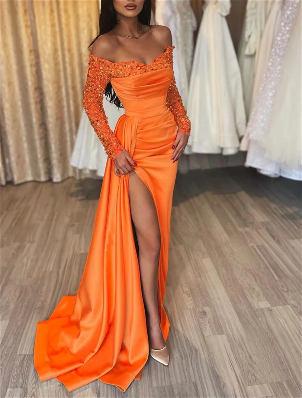 Sansa Mermaid Satin Prom Dresses Off Shoulder Vestidos De Noche Customized Long SLeeves Sexy Side High Split Formal Evening