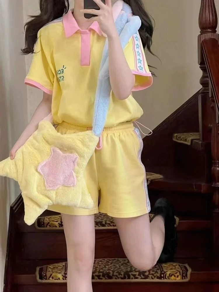 Fashion Y2K Aesthetic Two Pieces Set Contrast Color Loose Simple Vintage Tops+casual All Match Drawstring Shorts Women
