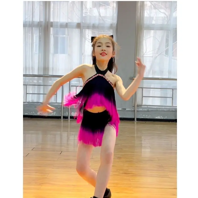 

Customized Girls' Dress Latin Dance Gradient Tassel Dress Cha Cha Tango Samba Performance Costume ballroom dress standard