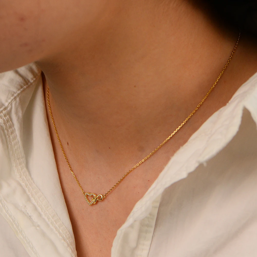 925 Sterling Silber 14K Vergoldete Infinity-Herz-Halskette mit klarem Zirkonia-Anhänger für Damen – Zarte, dünne Kette, minimalistisches Liebes- und Alltagsschmuckstück – Detail 10