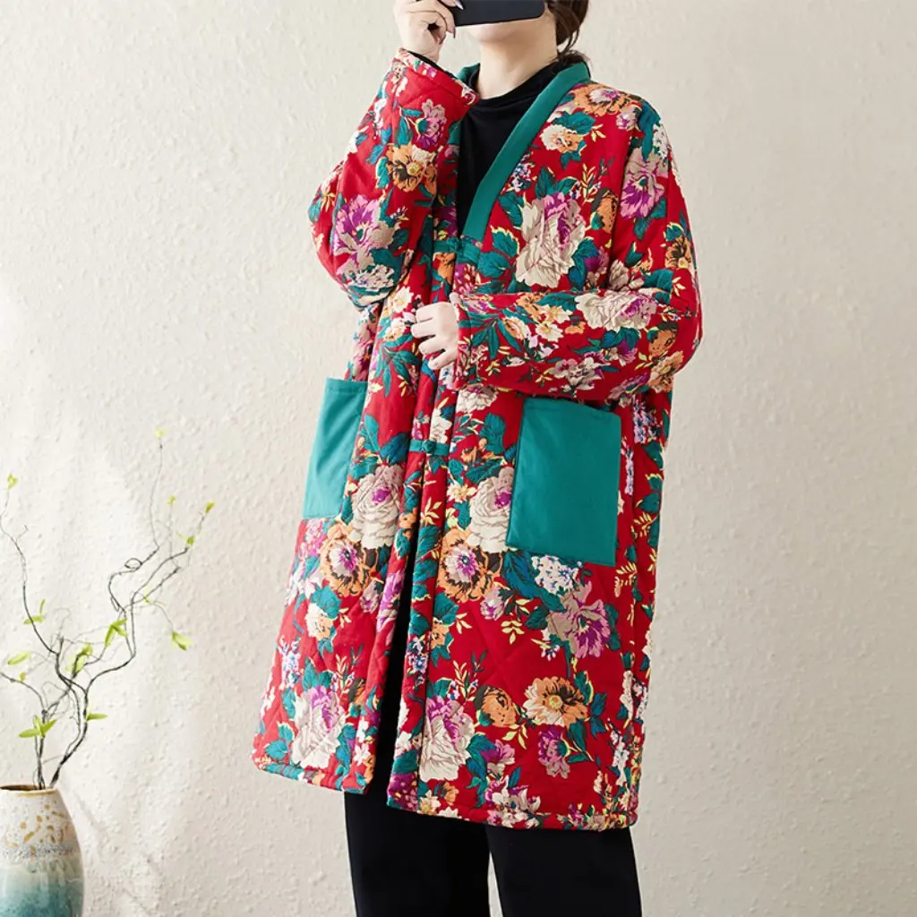 

Women's Thickened Fleece-Lined Cardigan Cotton-Padded Jacket Mid-Length Original Chinese Style Ethnic Style Plate Buckle