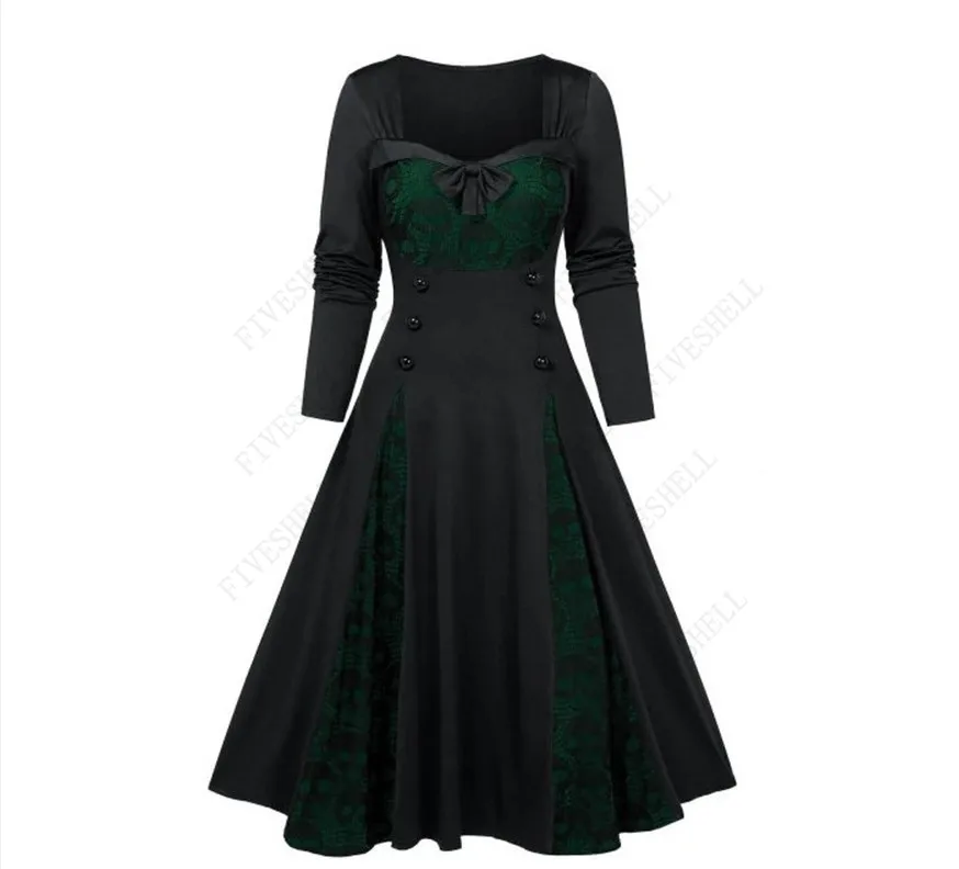 2023 Gothic Dresses Black High Waist Long Sleeves Vestidos 4XL Buckled Grommets Lace Panel A-Line Dress For Women Fall Winter