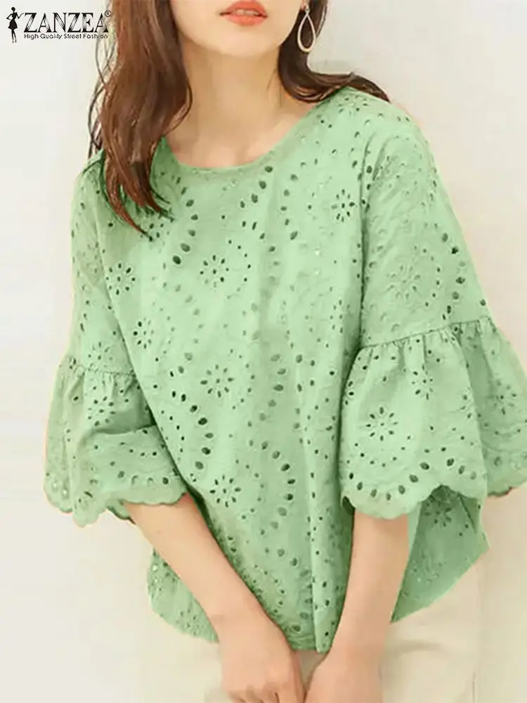 ZANZEA Elegant 3/4 Ruffle Sleeve Blusa Women Hollow Out Lace Patchwork Solid Color Loose Tops 2024 Summer Casual Everyday Blouse