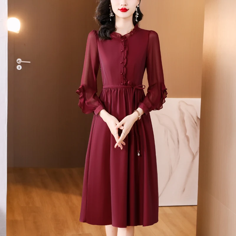 

2023 Autumn New Pure Silk Long sleeved Dress Women's O-Neck Loose Large Size Spliced Waist Slim Knee Length Dress Bohemian Robe