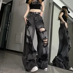 Deeptown Black Y2k Ripped Jeans Women Harajuku Gothic Grunge Baggy Denim Pants Korean Streetwear Gyaru Trousers Kpop Hippie New