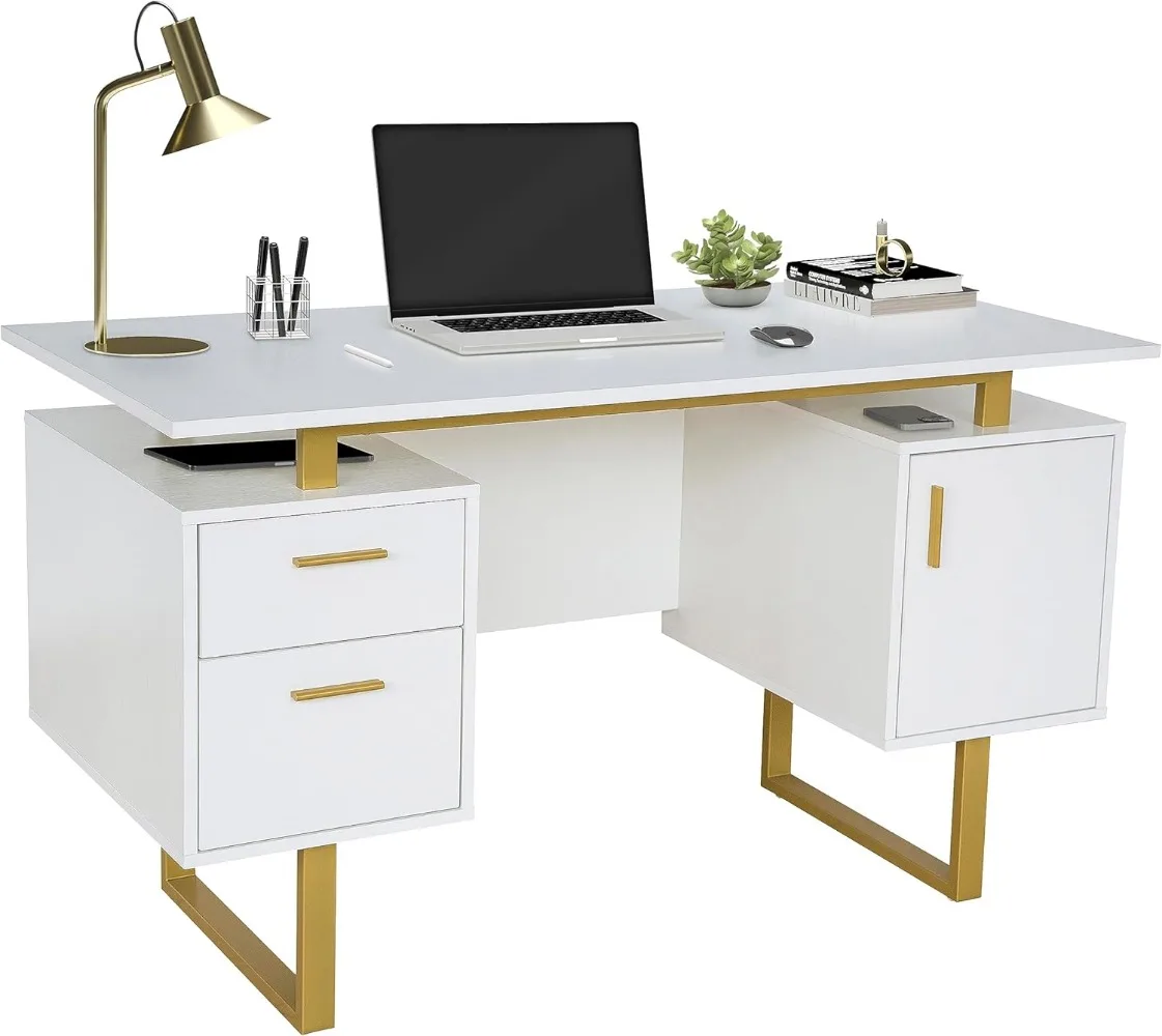 

Storage Drawers and Cabinet 51.25” W-Modern Office Large Floating Desktop Surface Desk, 23.6" D x 51.2" W x 29.8" H, White/Gold