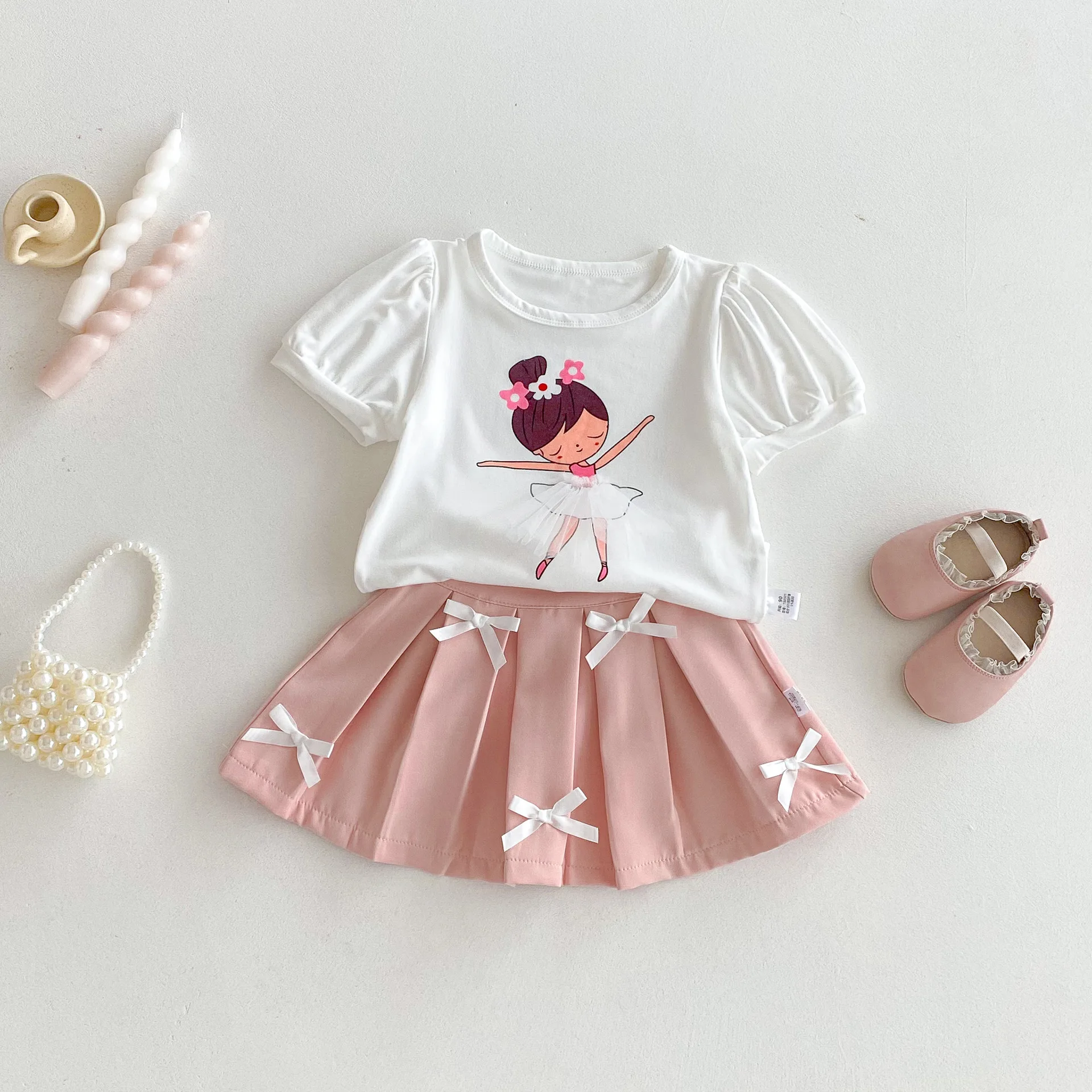 Girls' Summer Outfit, Children's Clothing, Trendy and Fashionable Two-piece Set, Children's Round Neck Top+half Body Skirt