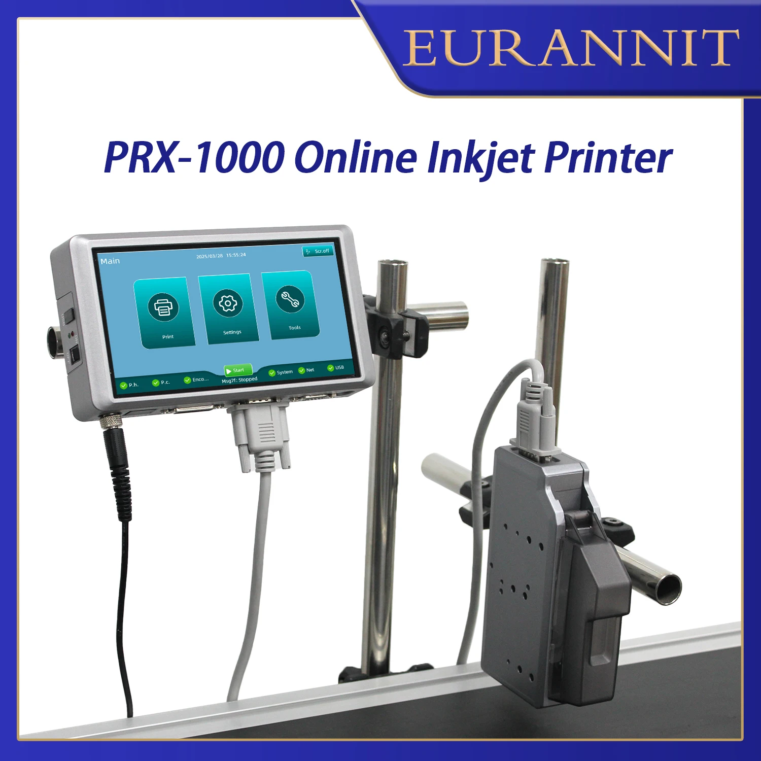 

EURANNIT PRX1000 Онлайн-струйный принтер с 6,5-дюймовым емкостным экраном, QR-принтер со штрих-кодом и номером партии, логотипом и датой