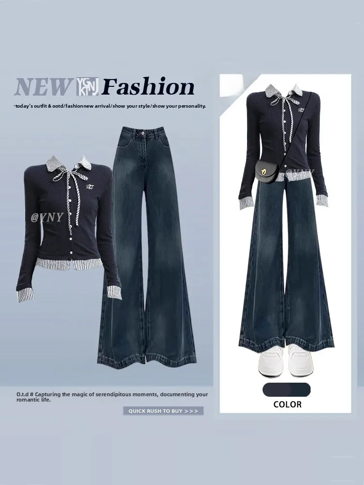 

Полосатый джинсовый комплект из двух предметов с высокой талией и расклешенными брюками: Весенняя дизайнерская новинка для женщин